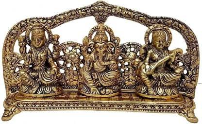 Design Lakshmi Ganesh Saraswati Idol Showpiece – Tri-Deity Gold Plated Decorative Statue for Prosperity & Blessings