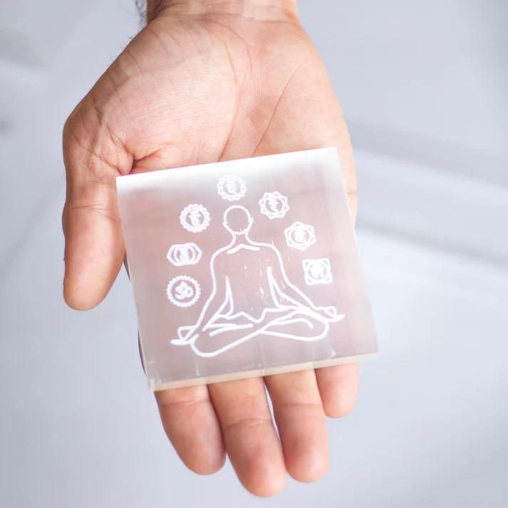 Selenite Charging Plate (Satin Spar) – Chakra Symbols Engraved Energy Cleansing Crystal Plate for Meditation & Spiritual Healing