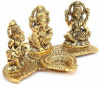 Design Gold Plated Lakshmi Ganesh Saraswati Idol with Deepak – Decorative Metal Showpiece for Pooja, Gifting & Home Temple Décor