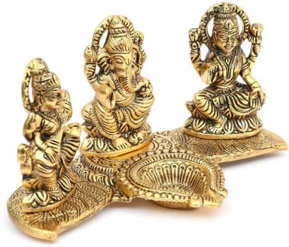Design Gold Plated Lakshmi Ganesh Saraswati Idol with Deepak – Decorative Metal Showpiece for Pooja, Gifting & Home Temple Décor