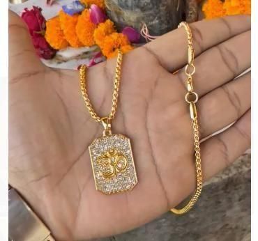 Gold Plated Om Diamond Pendant with Chain – Spiritual Hindu Jewelry for Men & Women | Religious Symbol Necklace with Shiny CZ Stones