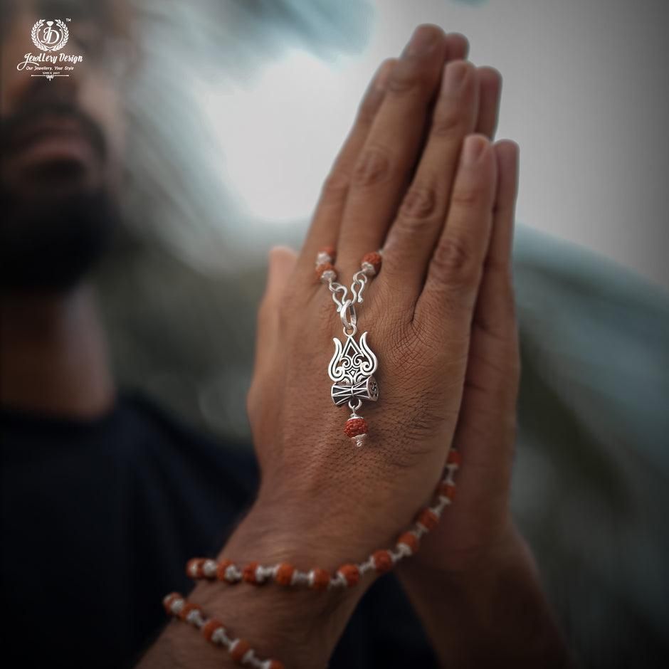 Trishul Damru Rudraksha Pendant with Original Rudraksha Mala – Spiritual Jewelry for Protection, Energy & Devotion