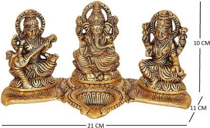 Design Gold Plated Lakshmi Ganesh Saraswati Idol with Deepak – Decorative Metal Showpiece for Pooja, Gifting & Home Temple Décor
