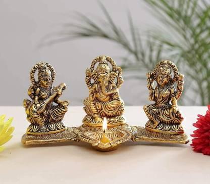 Design Gold Plated Lakshmi Ganesh Saraswati Idol with Deepak – Decorative Metal Showpiece for Pooja, Gifting & Home Temple Décor