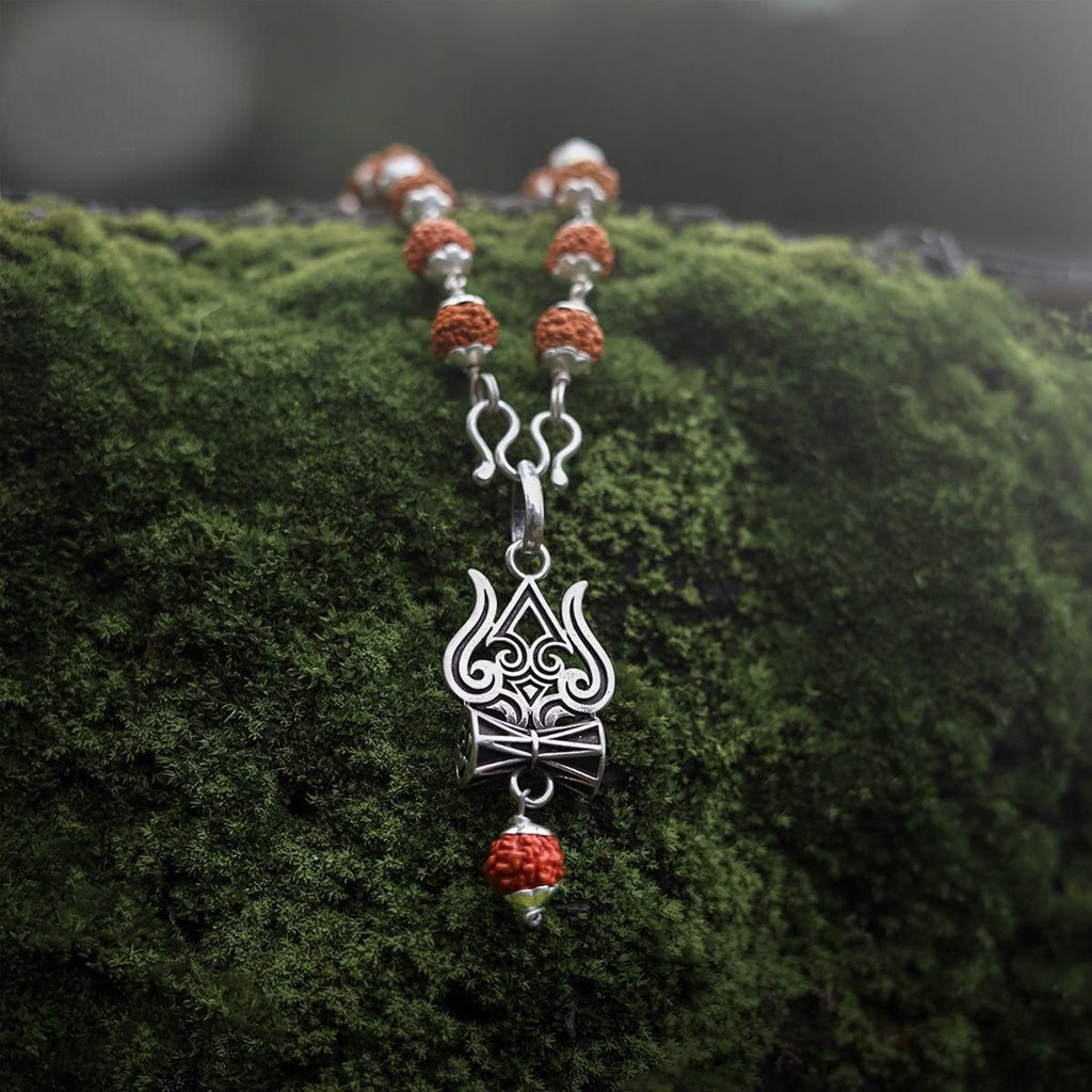 Trishul Damru Rudraksha Pendant with Original Rudraksha Mala – Spiritual Jewelry for Protection, Energy & Devotion