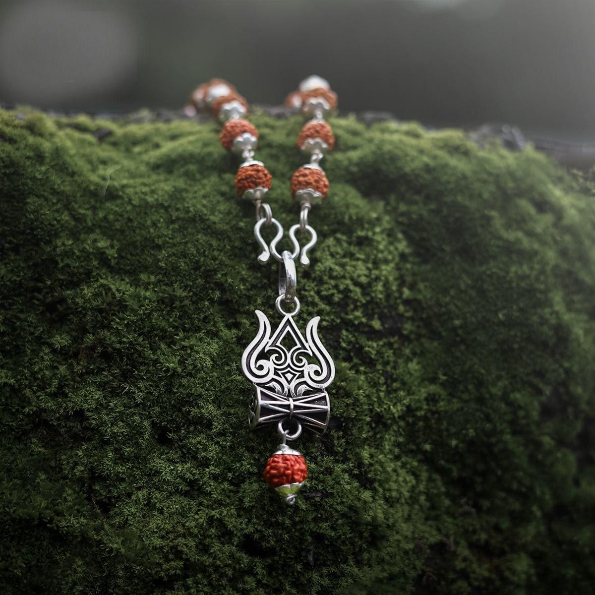 Trishul Damru Rudraksha Pendant with Original Rudraksha Mala – Spiritual Jewelry for Protection, Energy & Devotion