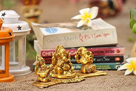 "Design Gold Plated Lakshmi Ganesh Saraswati Idol with Deepak – Auspicious Metal Showpiece for Diwali Pooja, Home Temple & Gift Décor