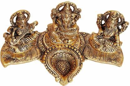 Design Gold Plated Lakshmi Ganesh Saraswati Idol with Deepak – Decorative Metal Showpiece for Pooja, Gifting & Home Temple Décor