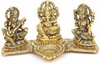 Design Gold Plated Lakshmi Ganesh Saraswati Idol with Deepak – Decorative Metal Showpiece for Pooja, Gifting & Home Temple Décor