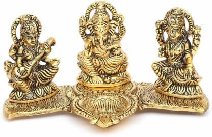 Design Gold Plated Lakshmi Ganesh Saraswati Idol with Deepak – Decorative Metal Showpiece for Pooja, Gifting & Home Temple Décor