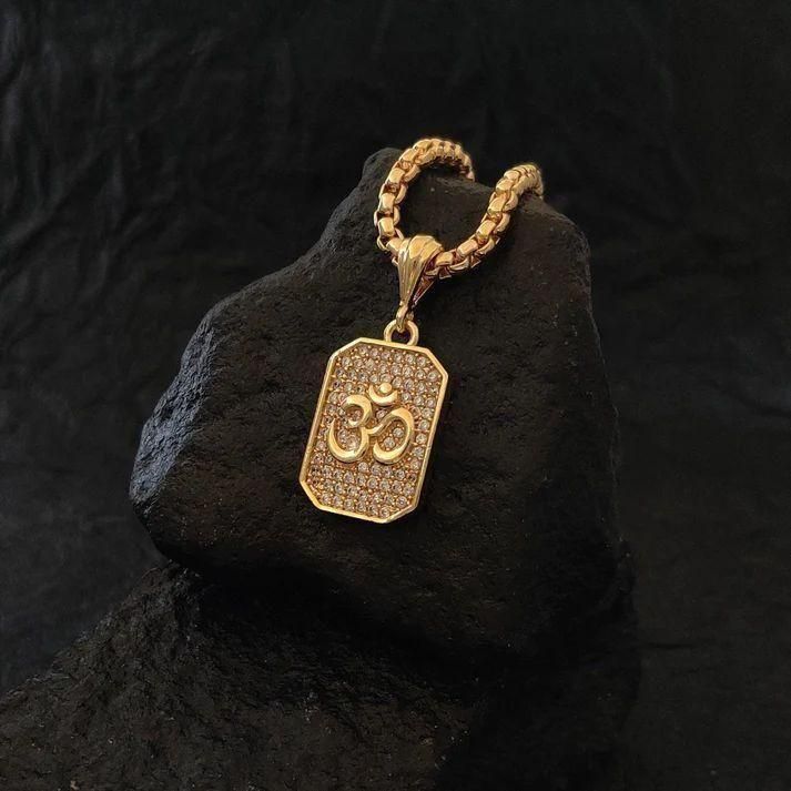 Gold Plated Om Diamond Pendant with Chain – Spiritual Hindu Jewelry for Men & Women | Religious Symbol Necklace with Shiny CZ Stones