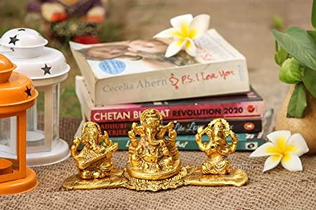 "Design Gold Plated Lakshmi Ganesh Saraswati Idol with Deepak – Auspicious Metal Showpiece for Diwali Pooja, Home Temple & Gift Décor