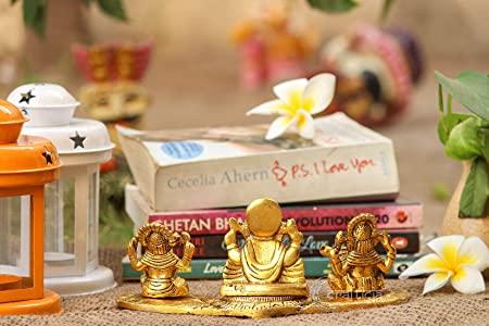 "Design Gold Plated Lakshmi Ganesh Saraswati Idol with Deepak – Auspicious Metal Showpiece for Diwali Pooja, Home Temple & Gift Décor
