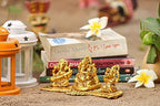 "Design Gold Plated Lakshmi Ganesh Saraswati Idol with Deepak – Auspicious Metal Showpiece for Diwali Pooja, Home Temple & Gift Décor