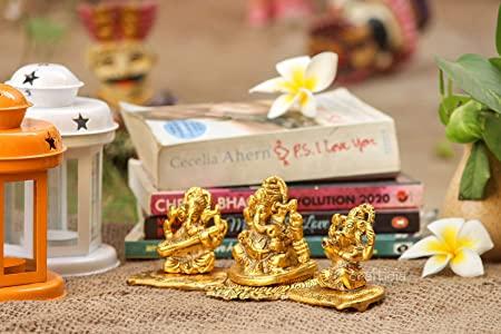"Design Gold Plated Lakshmi Ganesh Saraswati Idol with Deepak – Auspicious Metal Showpiece for Diwali Pooja, Home Temple & Gift Décor
